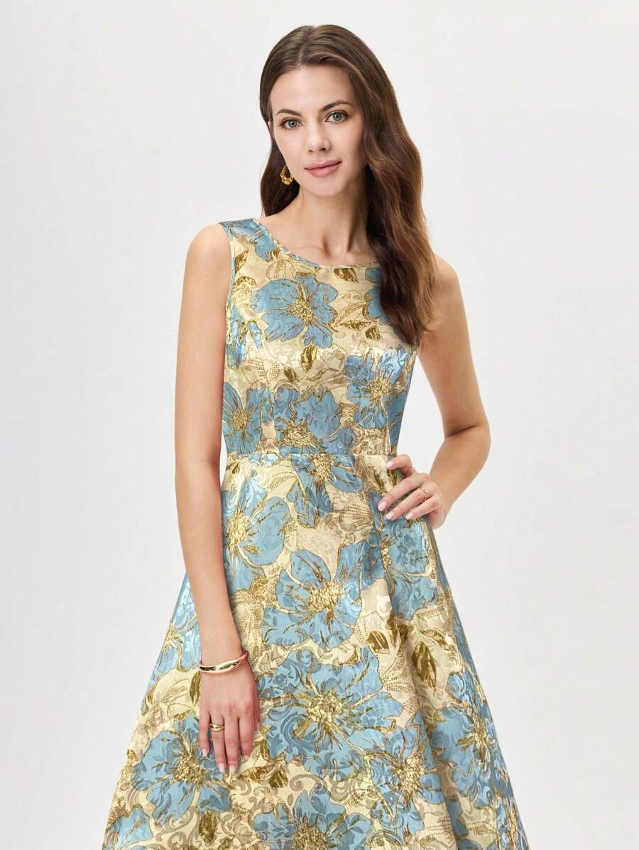 Unleash your playful side with this elegant yet quirky mid-length floral jacquard dress. The sleeveless design features a round neck, perfect for any occasion. Stand out in style with this unique dress!