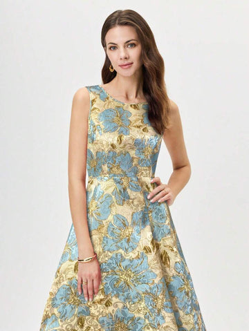 Unleash your playful side with this elegant yet quirky mid-length floral jacquard dress. The sleeveless design features a round neck, perfect for any occasion. Stand out in style with this unique dress!
