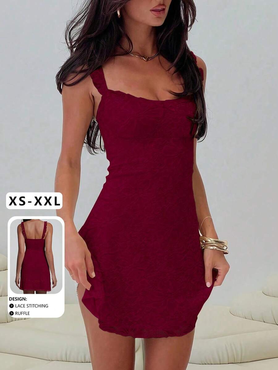 Make a statement with this charming mini dress that blends sophistication with playful flair. Featuring delicate lace patchwork details and eye-catching ruffle straps adorned with a bow design, this sleeveless number hugs your curves in all the right ways. The slim fit silhouette creates an effortlessly elegant look perfect for nights out, special occasions, or whenever you want to turn heads. Versatile enough to dress up with heels or keep casual with sneakers, this fashion-forward piece is your go-to for 