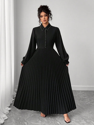 Elevate your fall wardrobe with this chic A-line pleated dress that strikes the perfect balance between polished and playful. The minimalist silhouette flatters every frame, while the studded contrast collar adds just the right amount of edge to keep things interesting. Whether you're heading to the office or weekend brunch, this versatile piece transitions seamlessly from workwear to after-hours style. The pleated design creates beautiful movement and dimension, making you feel confident and put-together a