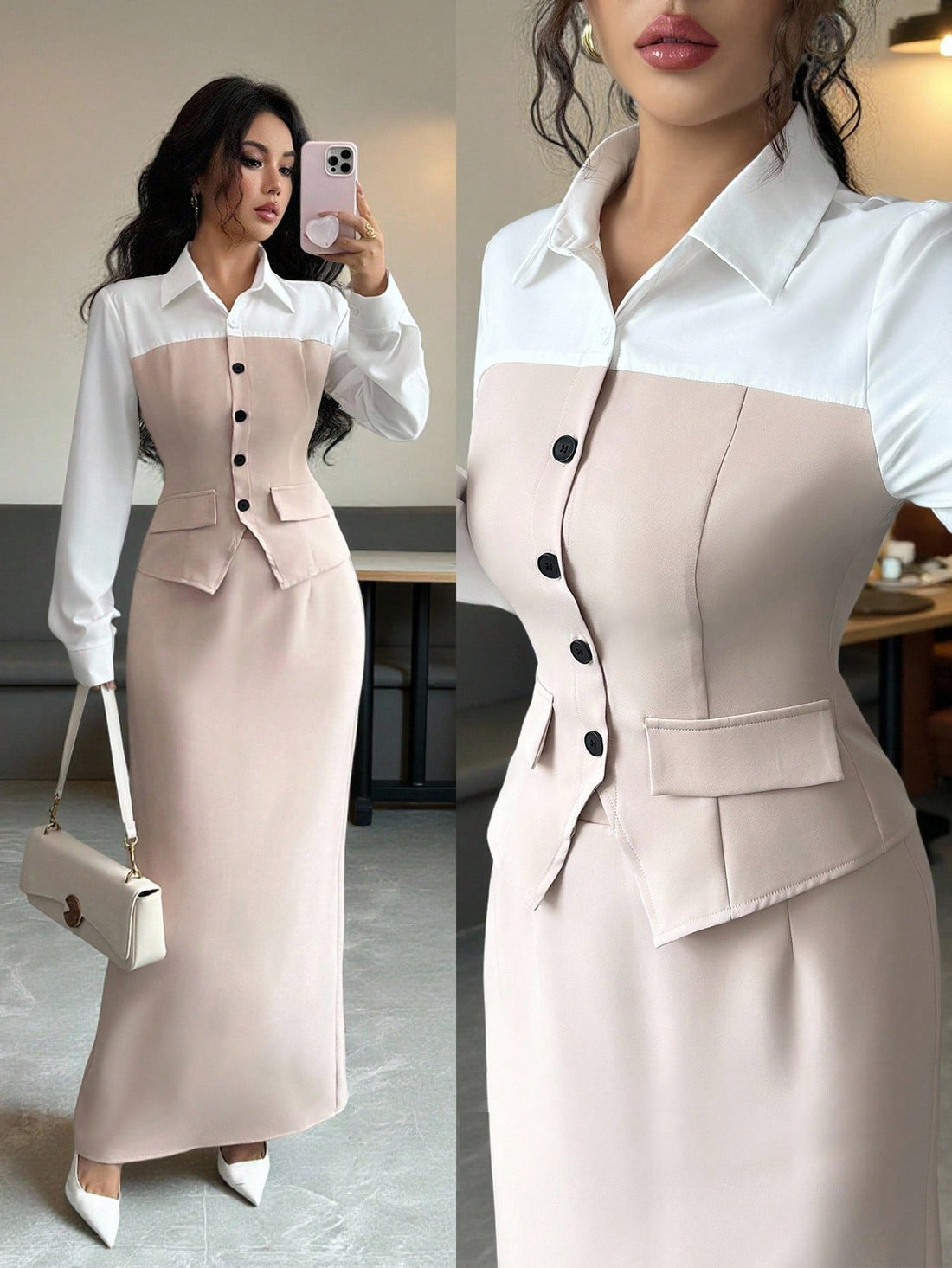 Elevate your autumn wardrobe with this chic color block dress set that effortlessly transitions from office to weekend plans. The minimalist design features thoughtfully placed color blocking that flatters your silhouette while keeping things refreshingly simple. Perfect for those crisp early fall days when you want to look polished without overthinking it. Mix and match the pieces for endless styling possibilities, or wear them together for an instantly put-together look. Comfortable enough for your daily 