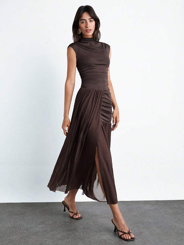 Step into elegance with this mocha brown off-shoulder dress that dances with layered mesh for a flirty, feminine touch. Perfectly suited for cozy autumn and winter days or your next special occasion, it combines warmth with style. Show off your shoulders while enjoying the lightweight comfort of breathable mesh layers that add movement and charm to every step. Whether you're sipping pumpkin spice or dazzling under winter lights, this dress brings playful sophistication to your wardrobe.