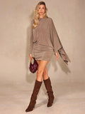 Full front view of mocha brown ruched bodycon mini dress with asymmetric cape sleeve