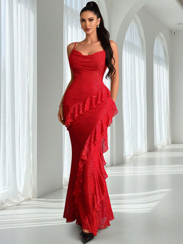 Turn heads with this stunning lace V-neck dress that perfectly blends sophistication with whimsy. The delicate lace fabric drapes beautifully while asymmetrical ruffles add an unexpected playful twist, creating movement and dimension. The flattering V-neckline elongates your silhouette, making this the ideal choice for date nights, special occasions, or whenever you want to feel effortlessly romantic. Slip it on and let your confidence shine through!