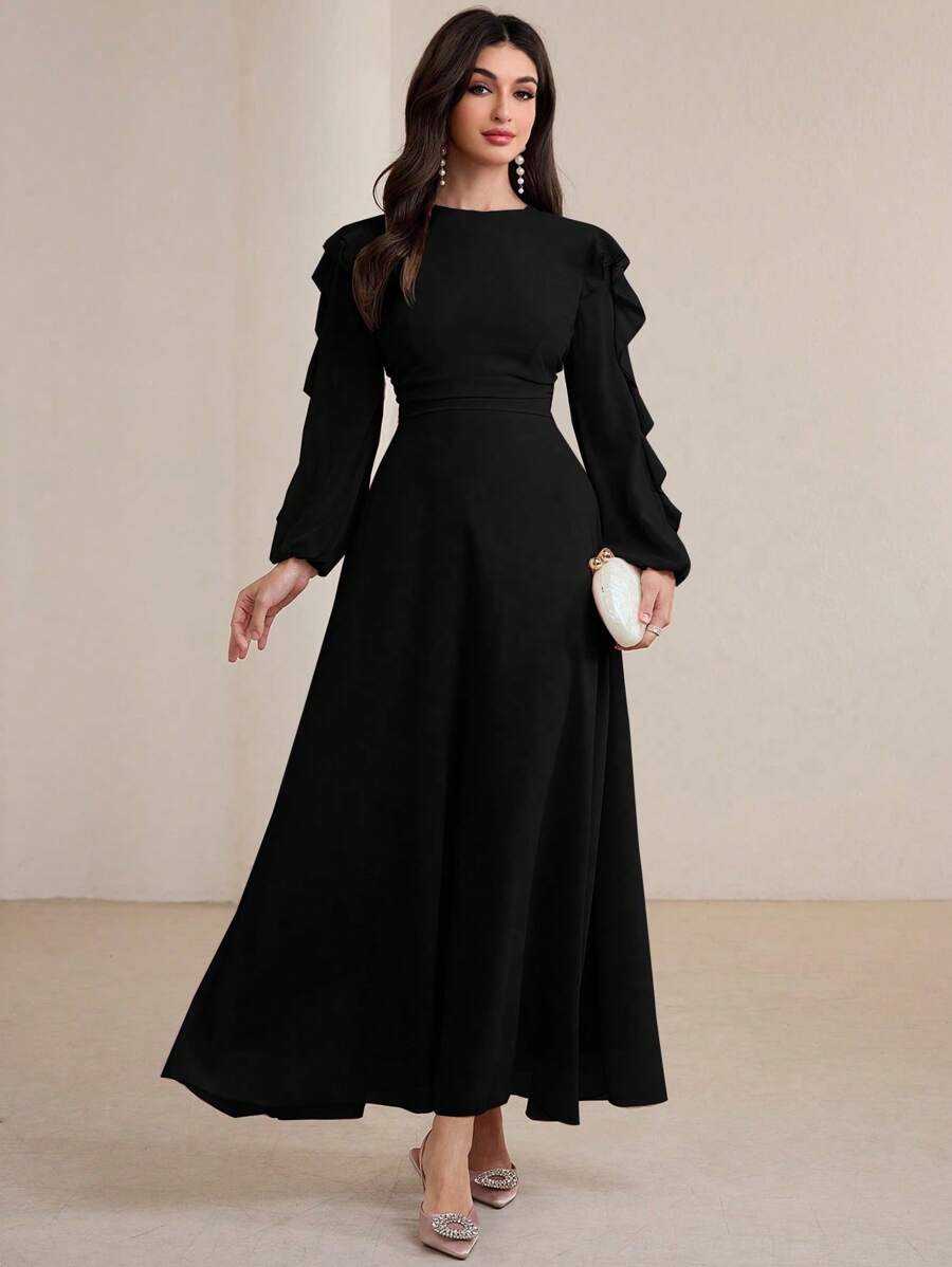 Step out with charm in this elegant modest long dress, featuring a playful ruffled hem that adds a flirty touch to classic style. The waist-cinching design highlights your silhouette while offering comfort and grace for any occasion. Perfect for those who love sophistication with a dash of fun!