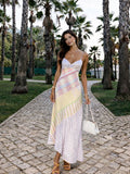 Multicolor plaid spaghetti strap maxi dress with V-neckline