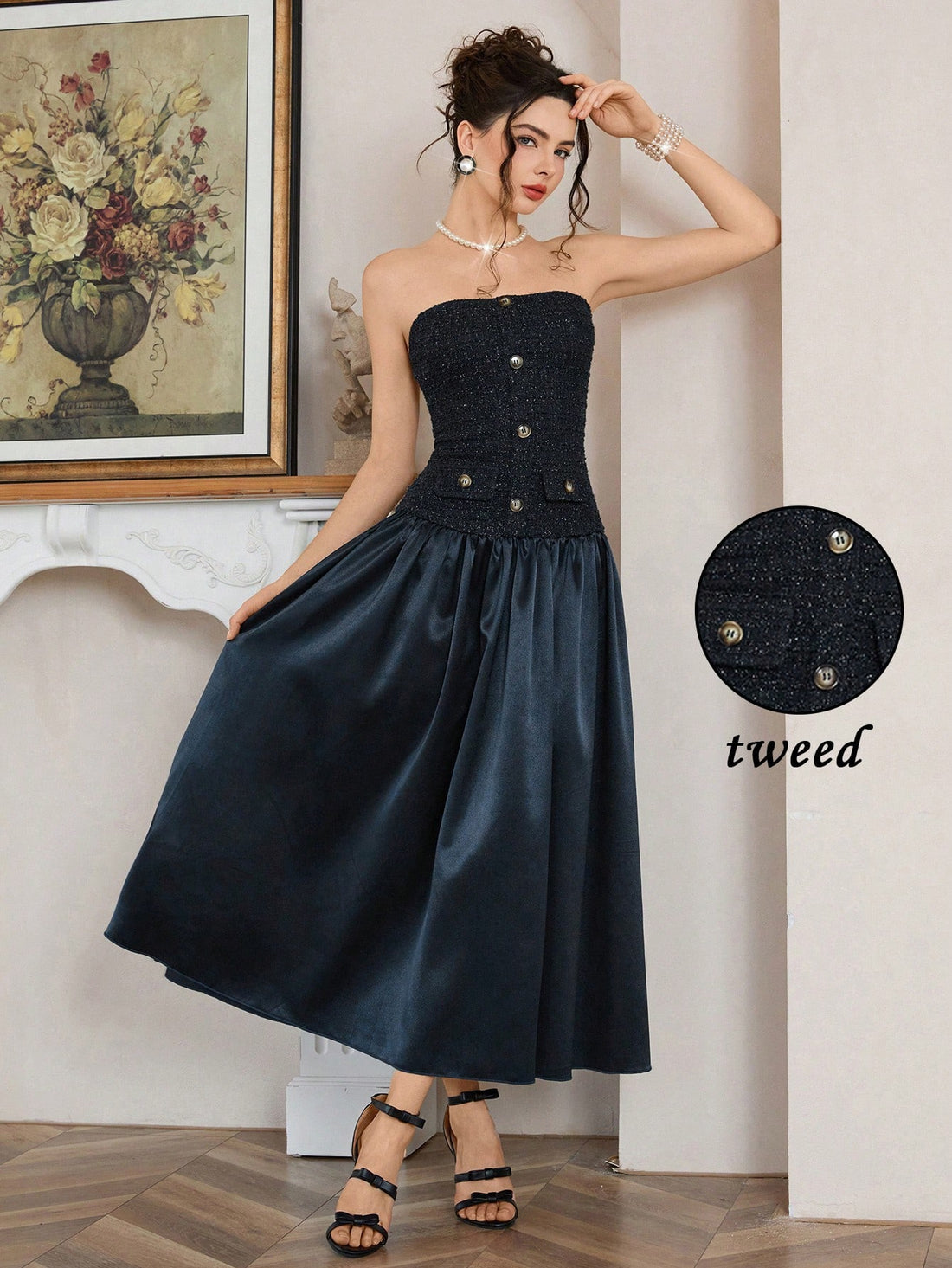 Elevate your holiday wardrobe with this stunning navy blue knit patchwork dress that's equal parts sophisticated and fun. The thoughtfully mixed textures create visual interest while the cinched waist belt flatters your silhouette and adds a polished finishing touch. Whether you're dancing at a Christmas party or enjoying festive gatherings, this versatile piece transitions seamlessly from celebration to celebration. The rich navy hue pairs beautifully with statement jewelry and heels, making it your go-to 