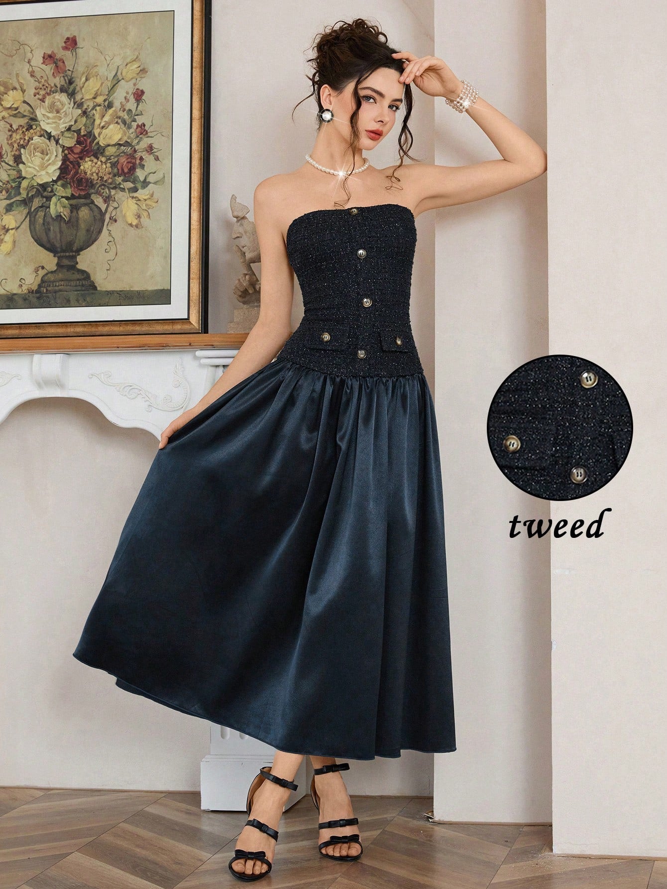 Elevate your holiday wardrobe with this stunning navy blue knit patchwork dress that's equal parts sophisticated and fun. The thoughtfully mixed textures create visual interest while the cinched waist belt flatters your silhouette and adds a polished finishing touch. Whether you're dancing at a Christmas party or enjoying festive gatherings, this versatile piece transitions seamlessly from celebration to celebration. The rich navy hue pairs beautifully with statement jewelry and heels, making it your go-to 