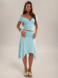 Baby blue off shoulder ruched crop top and handkerchief hem midi skirt set