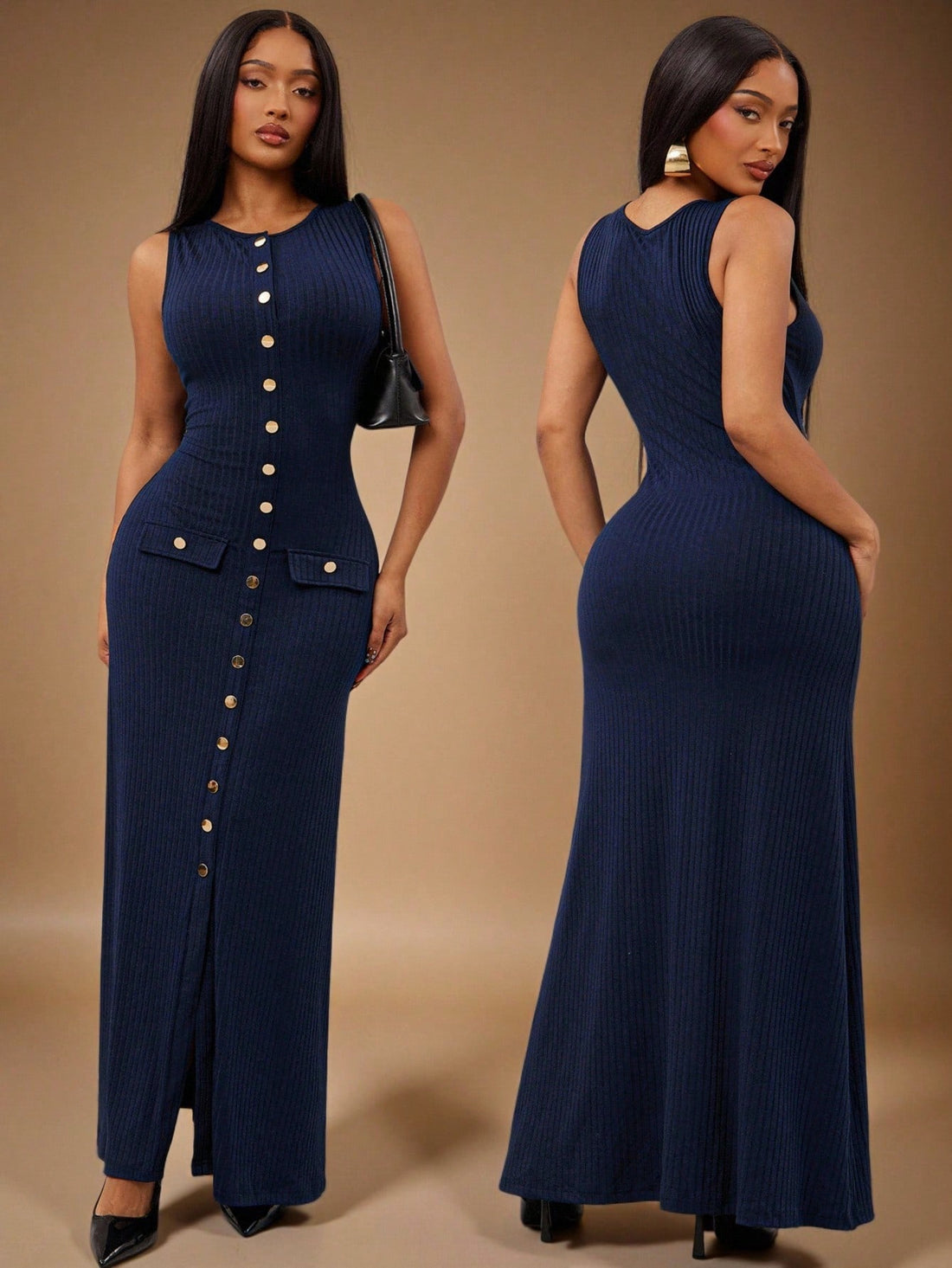 Step out in style with this elegant navy blue sleeveless maxi dress made just for women who want to shine whether at the office or out on the town. Its sleek silhouette offers effortless sophistication, while the flowing fabric ensures you'll stay comfortable all day long. Dress it up with heels for business meetings or pair with flats for a casual brunch—this versatile maxi dress is your go-to for every occasion!