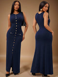 Step out in style with this elegant navy blue sleeveless maxi dress made just for women who want to shine whether at the office or out on the town. Its sleek silhouette offers effortless sophistication, while the flowing fabric ensures you'll stay comfortable all day long. Dress it up with heels for business meetings or pair with flats for a casual brunch—this versatile maxi dress is your go-to for every occasion!