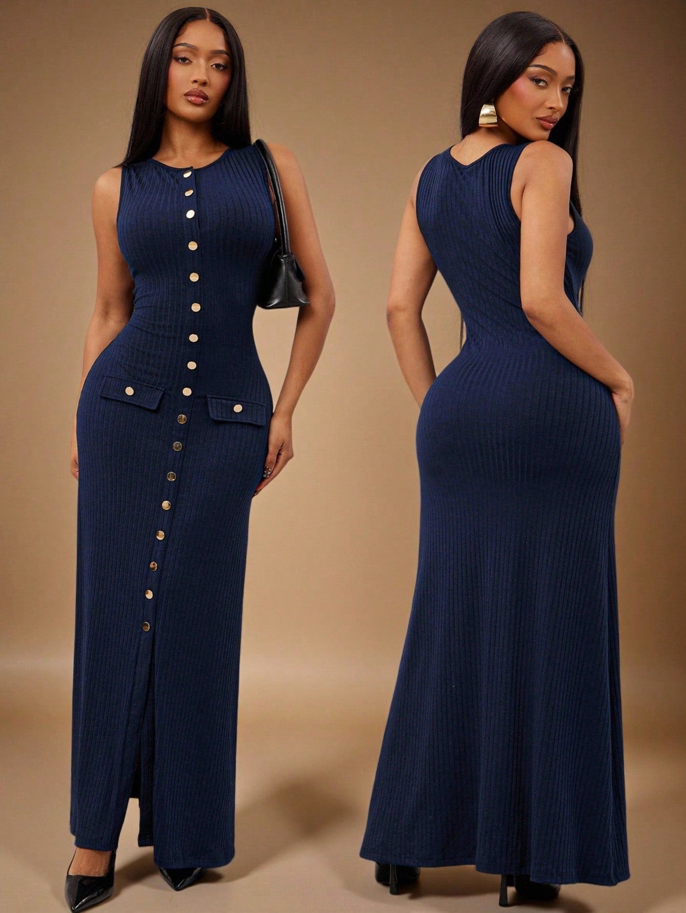Step out in style with this elegant navy blue sleeveless maxi dress made just for women who want to shine whether at the office or out on the town. Its sleek silhouette offers effortless sophistication, while the flowing fabric ensures you'll stay comfortable all day long. Dress it up with heels for business meetings or pair with flats for a casual brunch—this versatile maxi dress is your go-to for every occasion!