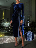 Make a statement at your next event in this stunning navy blue velvet party dress. Luxurious ruching creates flattering dimension while eye-catching sequin patchwork details add glamorous sparkle. The daring slit brings modern edge to classic elegance. Perfect for cocktail parties, weddings, or nights out, this dress combines sophistication with playful flair. Slip it on and watch heads turn!