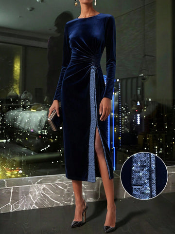 Make a statement at your next event in this stunning navy blue velvet party dress. Luxurious ruching creates flattering dimension while eye-catching sequin patchwork details add glamorous sparkle. The daring slit brings modern edge to classic elegance. Perfect for cocktail parties, weddings, or nights out, this dress combines sophistication with playful flair. Slip it on and watch heads turn!