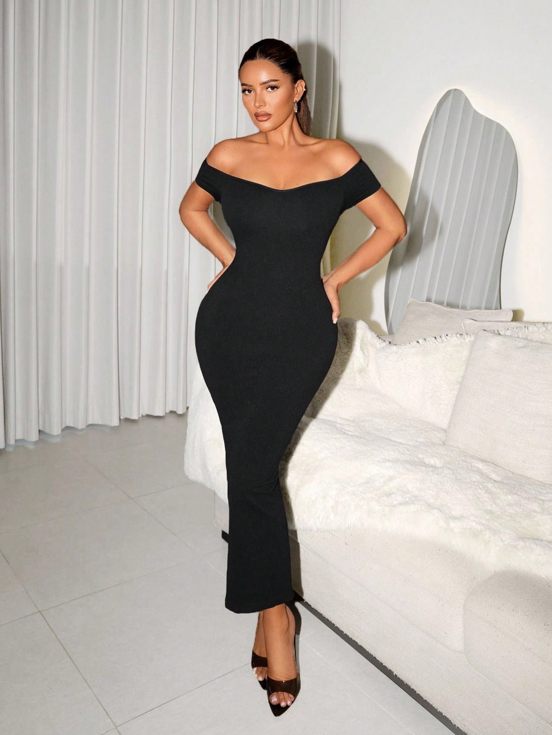 Slip into sophistication with this show-stopping off-shoulder dress that's equal parts daring and refined. The backless design and thigh-high slit create an undeniably bold silhouette, while built-in shapewear keeps you feeling confident and supported all night long. Perfect for turning heads at cocktail parties, date nights, or whenever you're ready to make a statement. This is the dress that says you've got style—and the comfort to back it up.