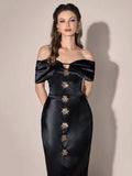 Turn heads at your next event in this stunning off-shoulder black midi dress that perfectly blends sophistication with edge. The luxe satin fabric drapes beautifully while the structured corset bodice cinches your silhouette for a flattering fit. Metal accents add an unexpected touch of glamour, making this piece ideal for parties, date nights, or elevated autumn looks. Slip it on and feel instantly polished and confident—this dress does all the heavy lifting so you can focus on having fun!