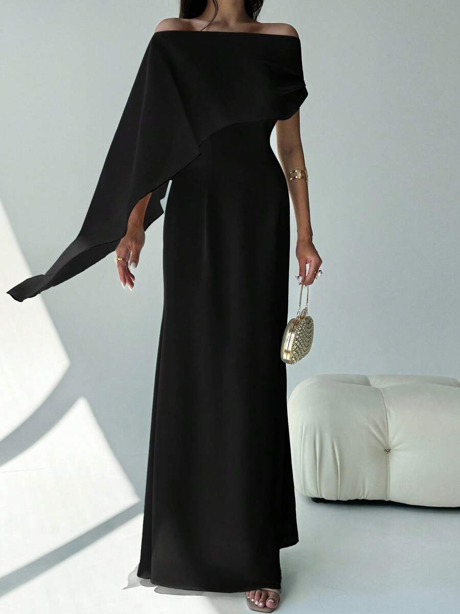 Make a statement in this sophisticated green maxi dress, designed for those special occasions that call for elegance. The off-shoulder boat neckline creates a graceful, feminine silhouette while the fitted mermaid hem adds dramatic flair. Crafted from 100% polyester woven fabric with ruched details and a convenient zipper closure, this dress offers both style and comfort. Perfect for birthday celebrations, parties, and festive gatherings, it's a versatile piece that transitions beautifully from day to eveni