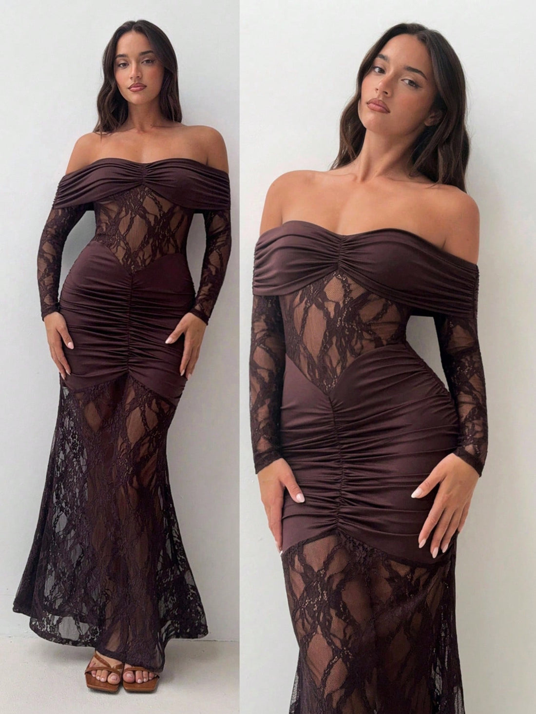 Slip into effortless elegance with this stunning off-shoulder brown dress that's ready to turn heads at any soirée. The ruched long sleeves add a touch of drama and dimension, while the off-shoulder neckline keeps things flirty and refined. Perfect for cocktail parties, date nights, or whenever you want to feel absolutely fabulous. This sophisticated piece strikes that magical balance between classy and fun—because looking good should always feel like a celebration. Dress it up with heels and statement jewe