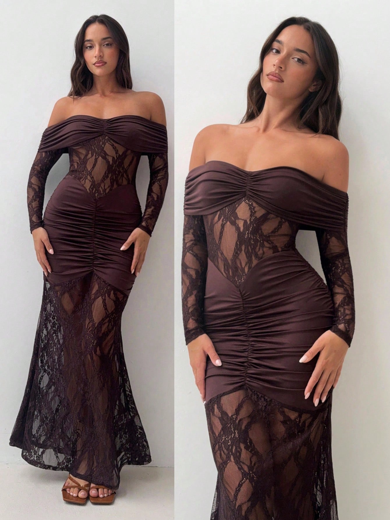 Slip into effortless elegance with this stunning off-shoulder brown dress that's ready to turn heads at any soirée. The ruched long sleeves add a touch of drama and dimension, while the off-shoulder neckline keeps things flirty and refined. Perfect for cocktail parties, date nights, or whenever you want to feel absolutely fabulous. This sophisticated piece strikes that magical balance between classy and fun—because looking good should always feel like a celebration. Dress it up with heels and statement jewe