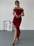 A flirty, off-shoulder burgundy dress with asymmetrical ruffles that hug your curves in all the right places. Perfect for romantic Valentine's Day dates or summer events. Feel elegant and stylish, while turning heads with this must-have dress.