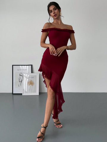 A flirty, off-shoulder burgundy dress with asymmetrical ruffles that hug your curves in all the right places. Perfect for romantic Valentine's Day dates or summer events. Feel elegant and stylish, while turning heads with this must-have dress.