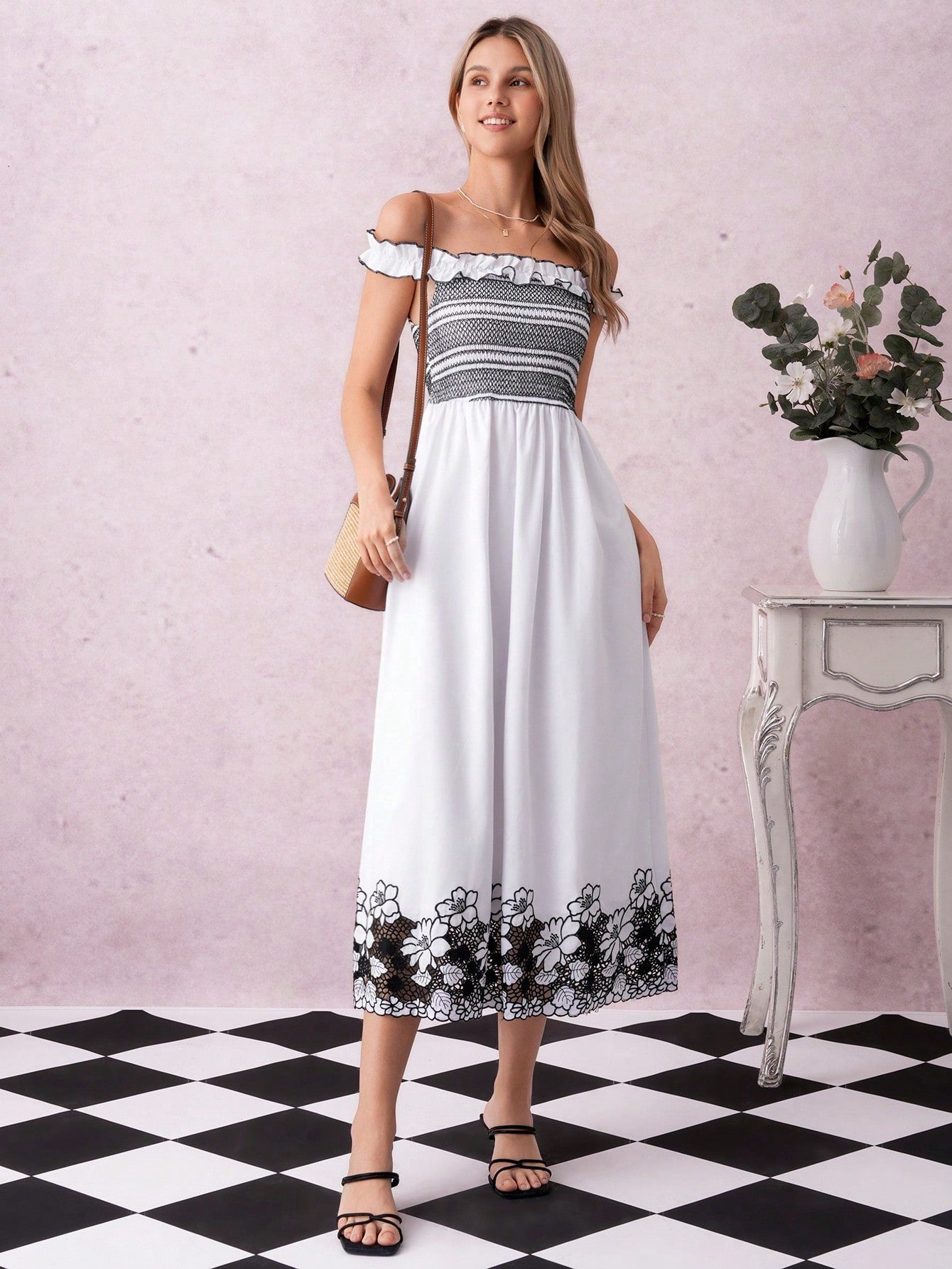 Step into sunshine and compliments with this Elegant Off-Shoulder Floral Embroidered Dress. Designed to turn heads at summer dates, weddings, or any special occasion, its delicate floral embroidery and flirty off-shoulder cut bring a playful charm to your look. Feel effortlessly beautiful as you dance through warm evenings in a dress that’s as fun and vibrant as you are.