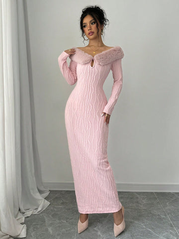 Elegant Off-Shoulder Fluffy Collar Dress with Tie Waist