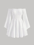 This playful white dress shines with its off-shoulder design and charming frill trim, perfect for adding a flirty touch to your style. The flounce sleeves bring fun movement and a breezy vibe, making it ideal for sunny days or special occasions. Effortlessly stylish and full of personality, this dress lets you shine with a dash of whimsy wherever you go.