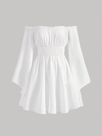 This playful white dress shines with its off-shoulder design and charming frill trim, perfect for adding a flirty touch to your style. The flounce sleeves bring fun movement and a breezy vibe, making it ideal for sunny days or special occasions. Effortlessly stylish and full of personality, this dress lets you shine with a dash of whimsy wherever you go.