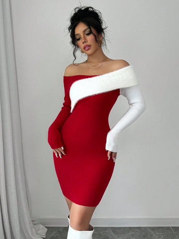 Get ready to be the belle of the holiday ball with our Elegant Off-Shoulder Furry Color Block Sweater Dress. Designed for a chic Christmas look, this dress features an off-shoulder neckline and a plush, color-blocked texture. Stay warm and stylish this season with this must-have piece.