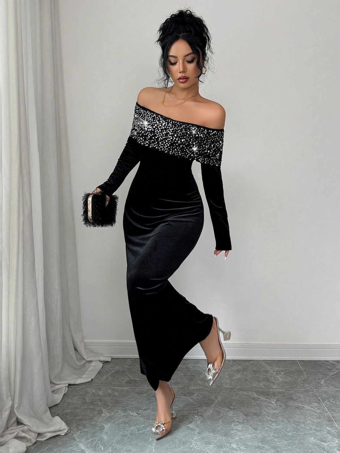 Shine bright like a diamond at your next soirée in this show-stopping sequin party dress! Featuring an elegant off-shoulder neckline and long sleeves, this fitted beauty combines glamour with comfort. The shimmering sequin detailing catches every light, while the cinched waist flatters your silhouette perfectly. Whether you're heading to a holiday celebration or autumn evening event, this dress transforms you into the star of the night. Dress it up with heels and statement jewelry for maximum sparkle, or ke