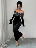 Shine bright like a diamond at your next soirée in this show-stopping sequin party dress! Featuring an elegant off-shoulder neckline and long sleeves, this fitted beauty combines glamour with comfort. The shimmering sequin detailing catches every light, while the cinched waist flatters your silhouette perfectly. Whether you're heading to a holiday celebration or autumn evening event, this dress transforms you into the star of the night. Dress it up with heels and statement jewelry for maximum sparkle, or ke