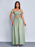 Escape to effortless style with this breezy two-piece set! The off-shoulder crop top features a linen-like fabric that whispers sophistication, while the flowing A-line maxi skirt moves with you through sun-soaked days and starlit evenings. Whether you're lounging by the pool, exploring a new destination, or keeping it casual at home, this versatile pairing delivers that coveted vacation-ready vibe without the fuss. Comfortable, chic, and endlessly Instagram-worthy—your new go-to for looking put-together wh