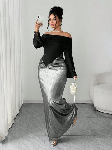 Slip into sophistication with this stunning off-shoulder long sleeve dress that steals the spotlight at every celebration. The delicate pearl waist detail adds a touch of glamour, while the flowing silhouette flatters every figure. Whether you're dancing at a wedding, celebrating a birthday, or attending a formal gala, this dress delivers timeless elegance with a modern twist. The off-shoulder neckline frames your shoulders beautifully, and the long sleeves provide graceful coverage. Turn heads and feel abs