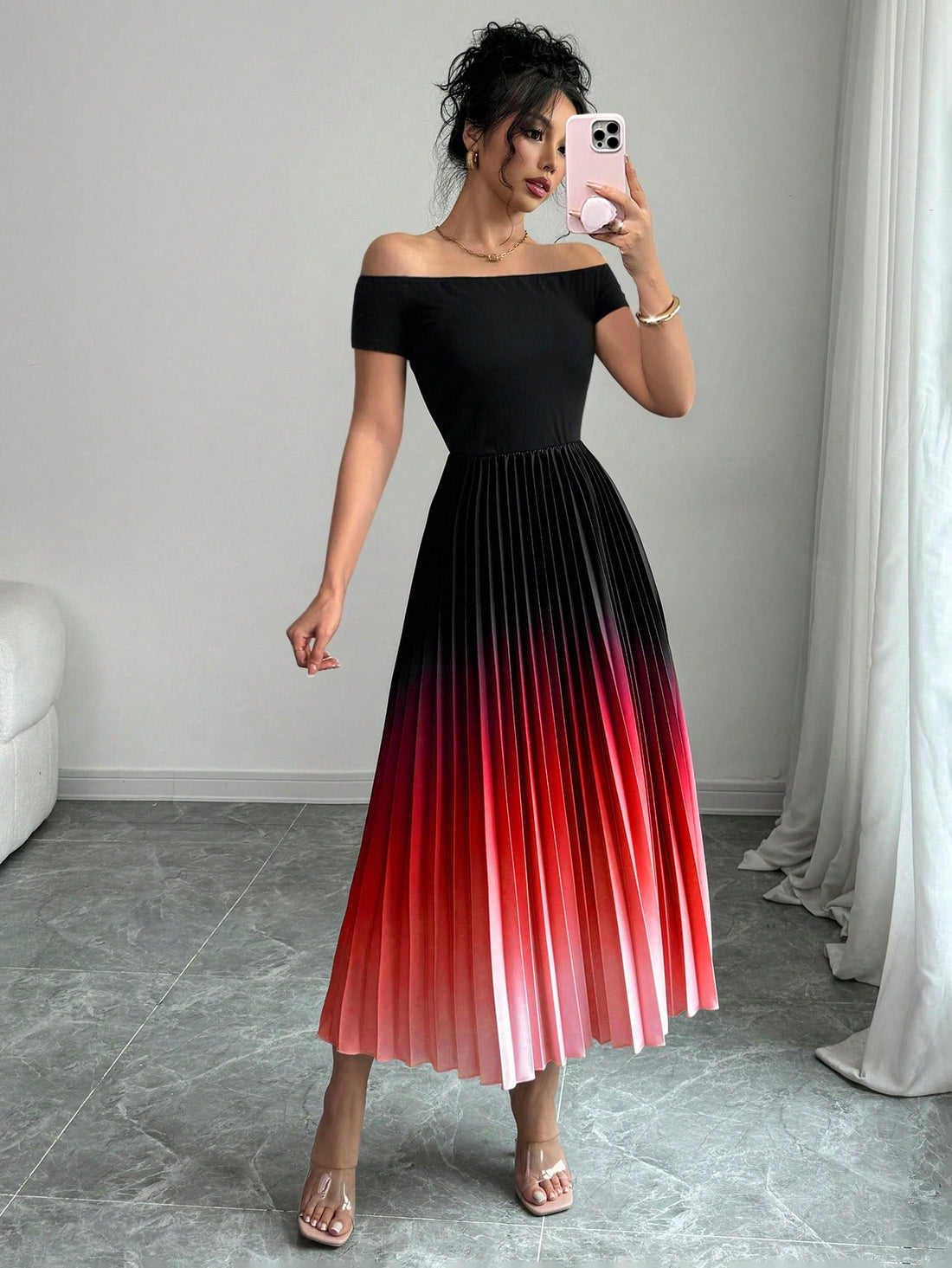 Be the life of the party in our Elegant Off-Shoulder Ombre Pleated Dress. With a cinched waist, this dress flatters any figure while the ombre pleated design adds a touch of elegance. Perfect for any occasion, you'll stand out in this unique and stylish dress.
