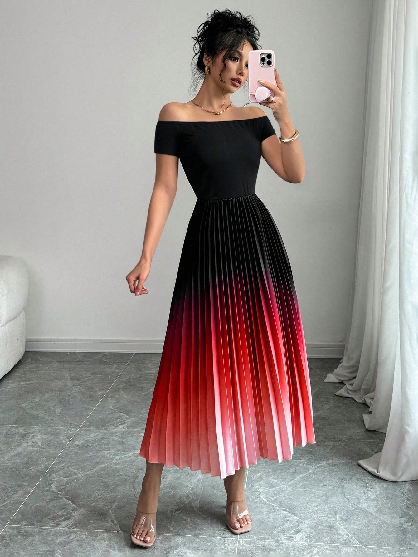 Be the life of the party in our Elegant Off-Shoulder Ombre Pleated Dress. With a cinched waist, this dress flatters any figure while the ombre pleated design adds a touch of elegance. Perfect for any occasion, you'll stand out in this unique and stylish dress.