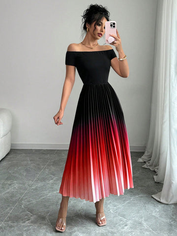 Be the life of the party in our Elegant Off-Shoulder Ombre Pleated Dress. With a cinched waist, this dress flatters any figure while the ombre pleated design adds a touch of elegance. Perfect for any occasion, you'll stand out in this unique and stylish dress.
