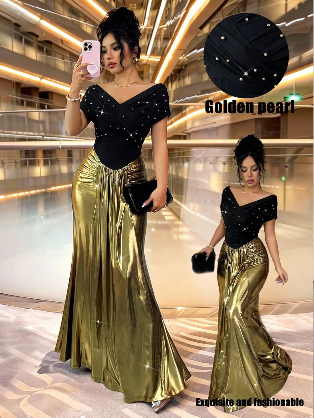 Make a grand entrance in this stunning off-shoulder fishtail gown that's pure elegance with a touch of fun! Delicate pearl embellishments cascade across the bodice, catching light with every graceful movement. The dramatic fishtail silhouette hugs your curves before flowing into a show-stopping train, perfect for weddings, galas, and those unforgettable formal moments. Whether you're walking down the aisle or dancing the night away, this gown transforms you into the star of the evening. Timeless sophisticat