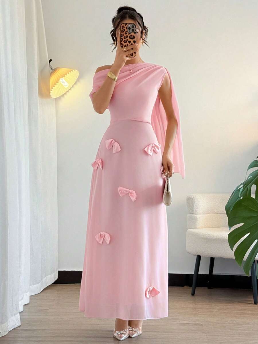 Add a touch of elegance to your wardrobe with our off-shoulder pink dress. The fitted design flatters your figure while the detailed mesh bow adds a charming touch. Perfect for any special occasion, this dress will make you look effortlessly chic. (No need to bow down to fashion, this dress will make you stand out!)