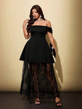 Plus-size black off-shoulder dress with sheer floral lace maxi hem