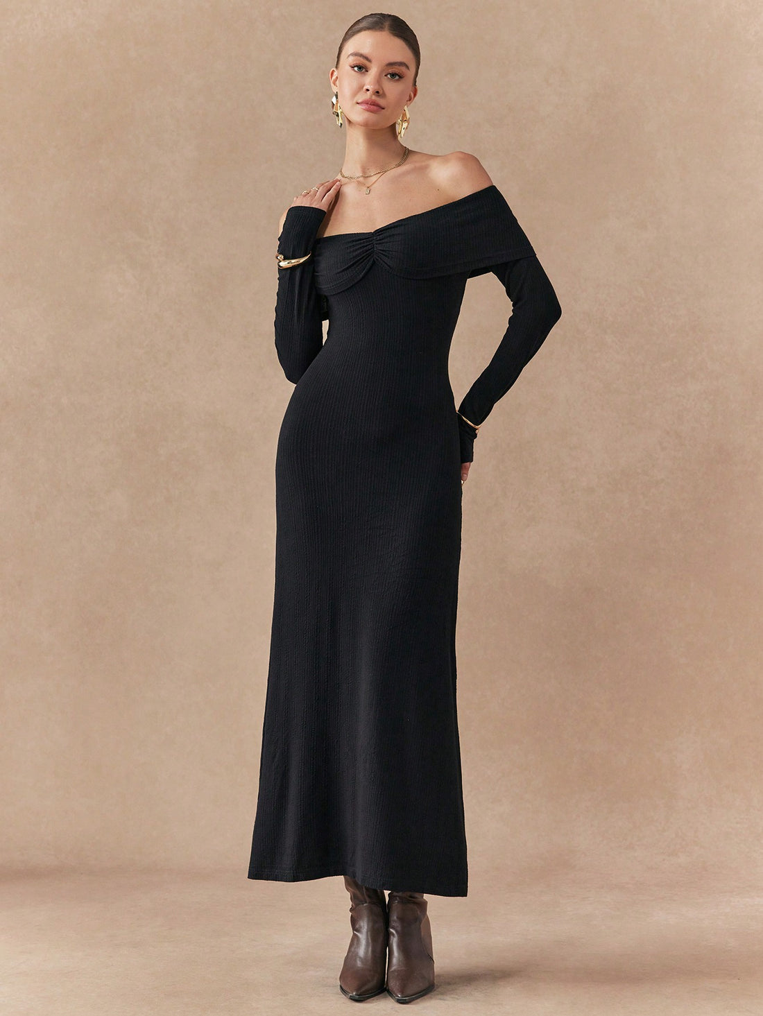 Get ready to turn heads with our Elegant Off-Shoulder Ruched Long Dress! Designed to enhance your figure with a fitted style, this dress also features a trendy off-shoulder neckline and elegant ruching. Available in a variety of solid colors, this dress is perfect for any occasion. Shine bright and feel confident in this must-have dress!