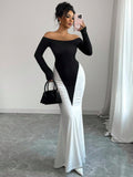 Step into charm with this Elegant Off-Shoulder Ruffle Hem Maxi Dress in striking black and white color blocks. Perfect for spring and autumn dates, its playful off-shoulder design and flirty ruffle hem mix sophistication with fun, keeping you graceful and comfortable all day or night. Embrace the season in style and turn heads wherever you go!