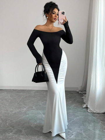 Step into charm with this Elegant Off-Shoulder Ruffle Hem Maxi Dress in striking black and white color blocks. Perfect for spring and autumn dates, its playful off-shoulder design and flirty ruffle hem mix sophistication with fun, keeping you graceful and comfortable all day or night. Embrace the season in style and turn heads wherever you go!