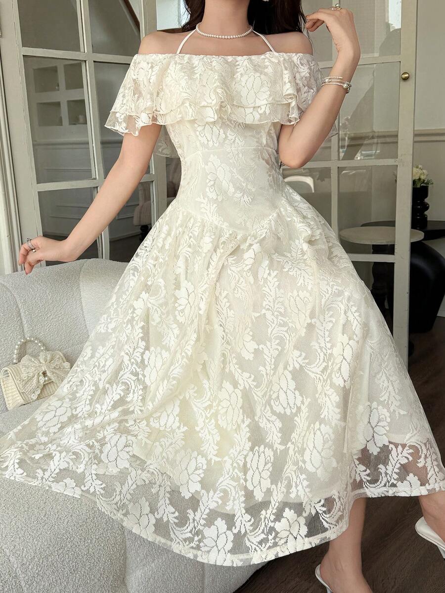 Ivory floral lace-style off-shoulder ruffle A-line midi dress on model
