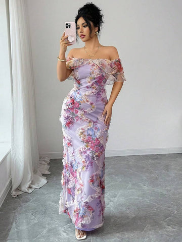 Escape into romance with this stunning off-shoulder dress that's equal parts elegant and enchanting. Delicate mesh layers dance across a gorgeous floral print, while playful ruffles frame your shoulders for that perfect "swoon-worthy" moment. The fitted silhouette flatters your curves beautifully, making it ideal for date nights, garden parties, or any occasion calling for a touch of whimsy. Slip it on and let the compliments flow—this dress is basically a confidence boost wrapped in fabric.