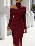 Burgundy Front view of asymmetric off-shoulder ruched midi bodycon dress with long sleeves and front slit