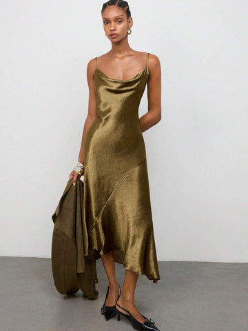 Elegant Olive Satin Long Dress with Tie Straps for Women - Perfect for Parties and Cocktails