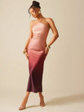 Turn heads with this Elegant Ombre Satin Strappy Halter Backless Maxi Dress. Its silky ombre finish and delicate straps create a dreamy silhouette that’s perfect for dancing the night away. Feel effortlessly glamorous while showing just the right amount of skin with its chic backless design. This maxi dress brings playful sophistication to any occasion.