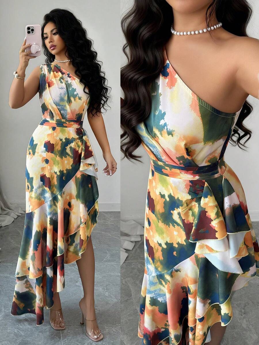 Elevate your spring and summer wardrobe with this striking one-shoulder dress that combines modern sophistication with artistic flair. The blurred dye print creates a soft, watercolor effect that catches the eye, while the asymmetrical one-shoulder neckline adds an unexpected touch of elegance. An irregular hemline brings movement and dimension to every step, making this piece perfect for both casual outings and special occasions. Crafted for comfort and style, this dress transitions seamlessly from day to 