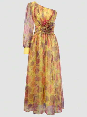 Turn heads with this playful one-shoulder maxi gown, featuring delicate 3D feather floral appliqués that add a touch of whimsy. Perfect for formal events or garden parties, its flowing silhouette ensures you move with effortless grace and charm all day or night. Embrace elegance with a fun twist in this standout piece.